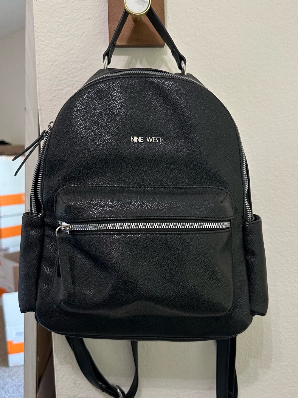 Nine West Black Textured Faux Leather Backpack with Silver Hardware